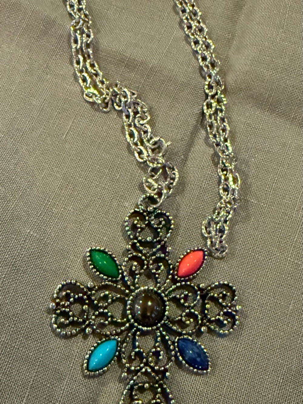 Vintage Avon Cross Necklace Multicolor Stone  Pendant Silver Tone - Picture 4 of 6